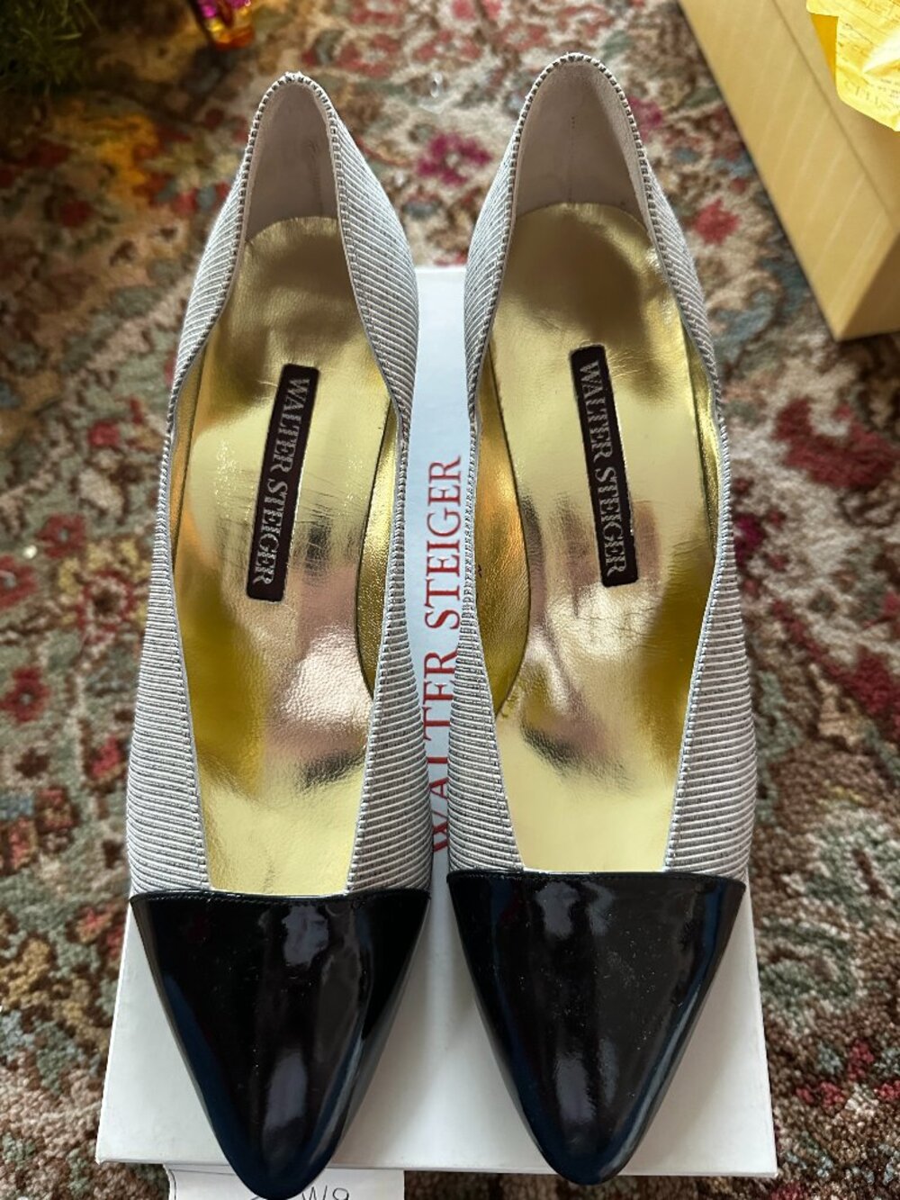 Walter Steiger Patent Toe - White?Black Stripe Cut Out Side Low Heel Vintage